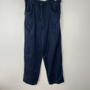 Ann Taylor‎ 90s Vintage Navy Linen Wide Leg Trousers Tie Waist Size Small